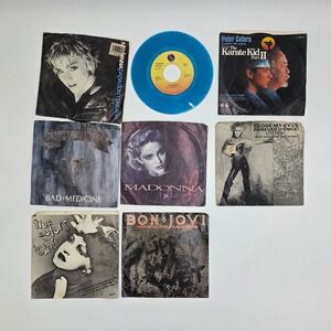 Vintage 80s Vinyl 45 RPM Lot Madonna Bon Jovi Cyndi Lauper Blue Vinyl 7-inch